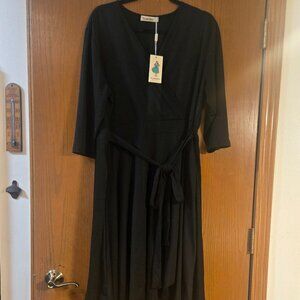 Nemidor Black Jersey Dress with Tie at Waist- 3/4 length sleeve (Size 20) NWT
